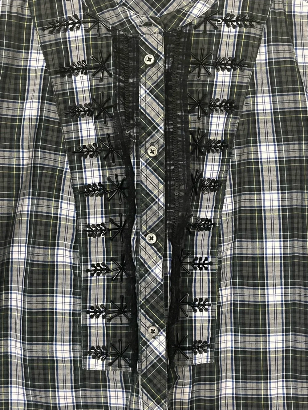 J. Crew Black, White & Blue Plaid Ruffle-Front Button-Down Women’s Shirt Size L